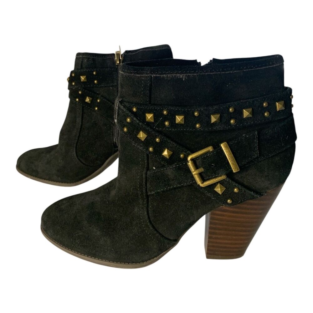 BCBGeneration Black Suede Ankle Boots SZ 7 B Chunky Heel Zip Up Studded Booties